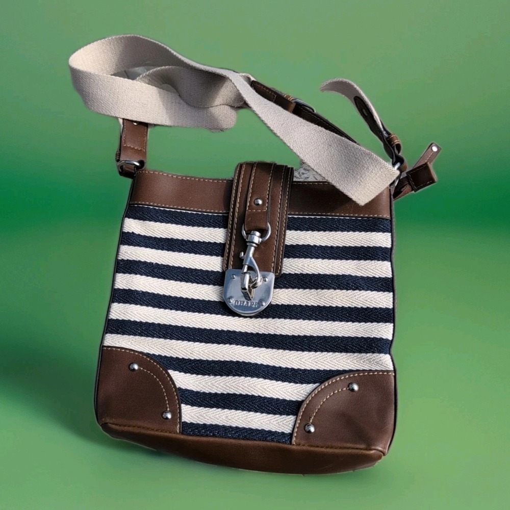 CHAPS‎ Crossbody Shoulder Bag Purse Striped Navy Cream Canvas Vegan Leather